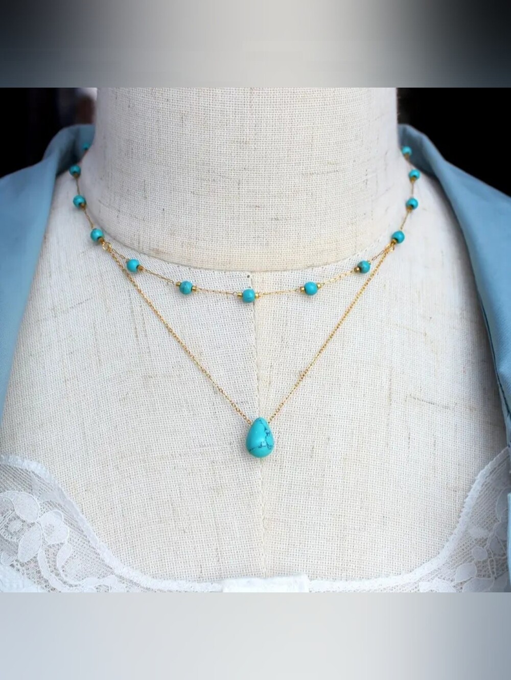 18 KT Gold Filled Double Layer Turquoise Necklace